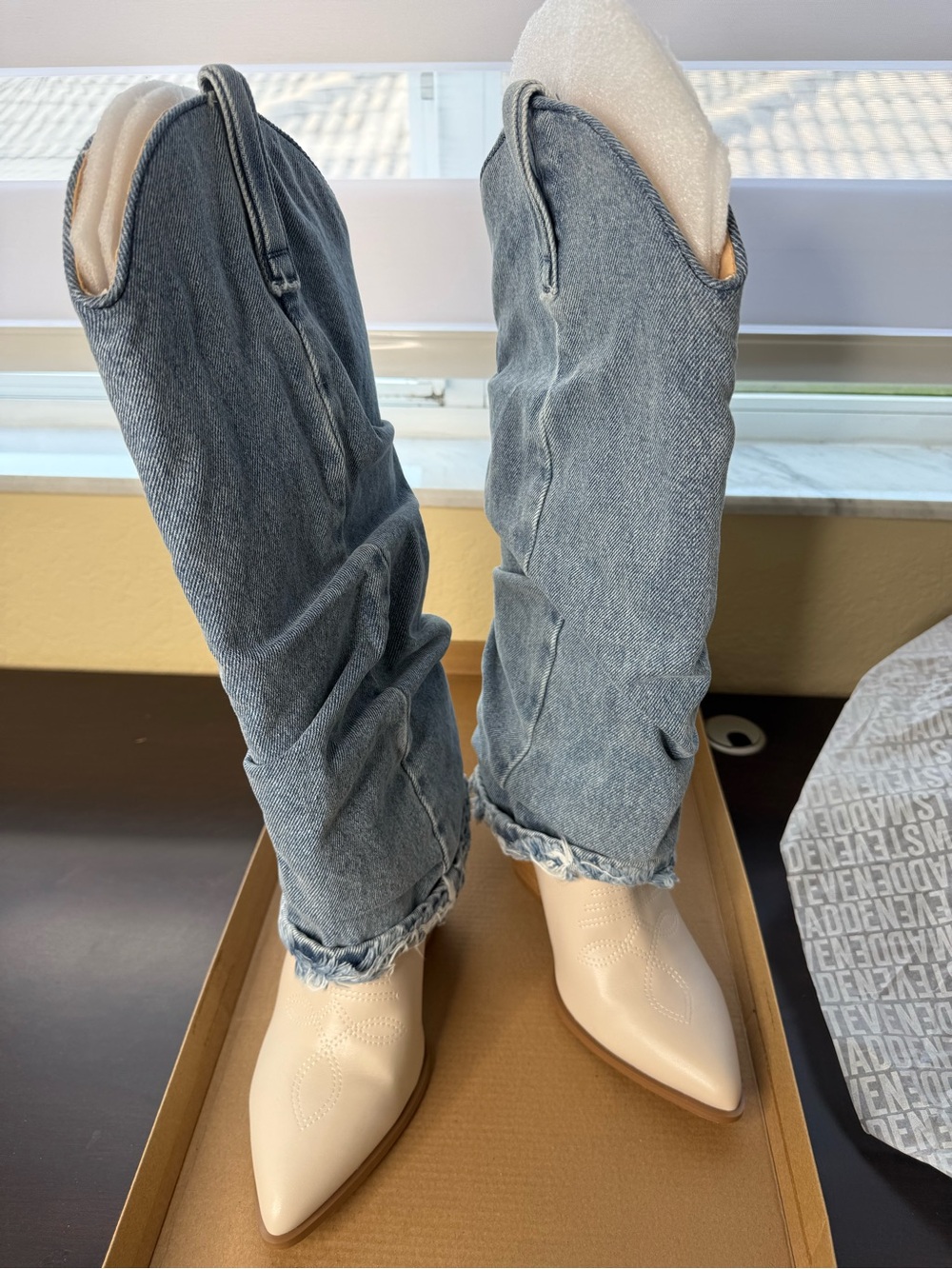 Steve Madden Cream Pointed-Toe Heeled Boots with Blue Denim Shaft